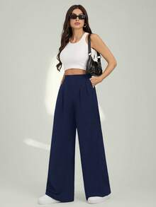 SHEIN Tall Quần ống rộng trơn màu thường ngày dành cho nữ - Màu xanh hải quân - Xem 4
