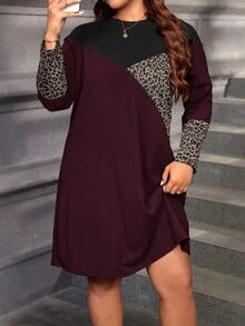 SHEIN LUNE Casual Plus Size Women's Burgundy Long Sleeve Short Dress With Round Neck And Leopard Print In Knitted Fabric Perfect For Fall Cheetah Dress For Women Fall Dresses For Women Leopard Dress Plus Size Autumn Dress Long Sleeve Dress - Burgundy - View 4