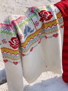 Comfortcana Women's Floral Pattern Raglan Sleeve Zip Front Casual Knit Cardigan, Autumn/Winter Cute Cardigan Winter Sweaters,Christmas Sweater