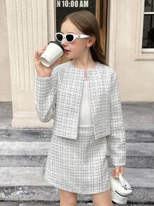 SHEIN 2 件套青少年女孩服装，格子长袖夹克和迷你裙套装 - 杏色 - 查看 4