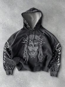 Manfinity Roughcore Manfinity Streetrush Men's Rhinestone Embellished Hoodie Sweatshirt, Hoodie Jesus, Graphic Design Hoodie Men, Men's Hoodies, Fall