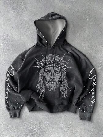 Manfinity Roughcore Manfinity Streetrush Men's Rhinestone Embellished Hoodie Sweatshirt, Jesus Graphic Hoodie, Fall, Long Sleeve Top