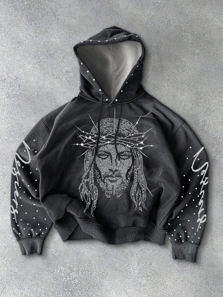 Manfinity Roughcore Manfinity Streetrush Men's Rhinestone Embellished Hoodie Sweatshirt, Hoodie Jesus, Graphic Design Hoodie Men, Men's Hoodies, Fall