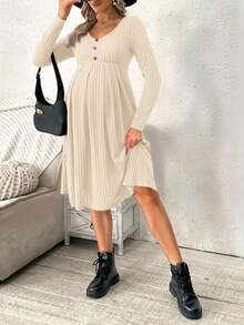 SHEIN Maternity Solid Ribbed Collar Button Front Long Sleeve Dress, Spring/Autumn - Apricot - View 6