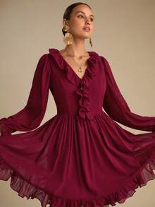 Enchnt Sukienka damska w jednolitym kolorze z falbaniastym kołnierzykiem i długim rękawem - Burgund - Zobacz 7