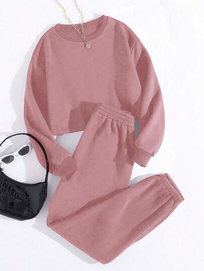 GlowEve 女式纯色简约日常保暖内衬圆领运动衫和裤子套装