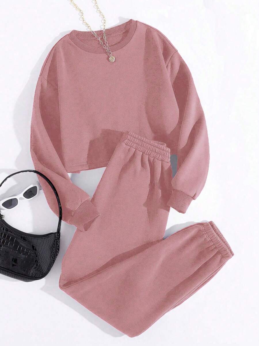 GlowEve Women's Solid Color Minimalist Daily Wear Thermal Lined Crew Neck Sweatshirt And Pants Set - Dusty Pink - View 1