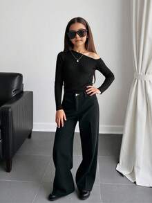 SHEIN 青少年女孩短袖针织T恤，休闲日常百搭百搭