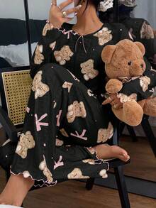SHEIN Bow & Bear Print Jacquard Knit Long Sleeve Top & Pants Pajama Set Fall Winter Clothes - Black - View 5