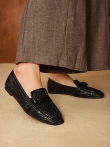 MOTF 女士复古乐福鞋一脚蹬休闲舒适简约优雅方头平底鞋，秋冬 - 黑色 - 查看 1