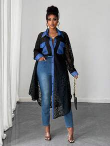 Maweii Plus Size Autumn Fashion Commuter Color Block Lace Patchwork Shirt - Black - View 1