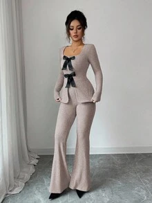 Elenzga 女式优雅蓬松罗纹针织蝴蝶结领长袖收腰上衣和喇叭裤两件套 - 粉色 - 查看 3