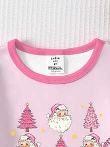 2 件女孩圣诞老人图案睡衣套装，柔软亲肤舒适圆领长袖上衣和裤子，可爱的节日睡衣，圣诞节和新年礼物之选 - 粉色 - 查看 4