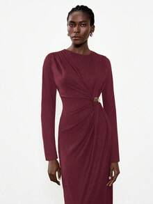 Lumivelle Women's Modern Round Neck Ruched Button Decor Waist Fitted Bodycon Side Slit Long Sleeve Dress - Burgundy - View 3