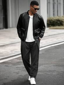 Manfinity CasualCool 男士纯色长袖拉链休闲PU皮棒球夹克，秋季黑色皮夹克，时尚男士街头风 - 黑色 - 查看 7