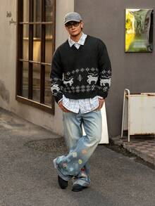 DAZY Men's Reindeer & Christmas Pattern Jacquard Design Sweater, Christmas Style, Autumn/Winter