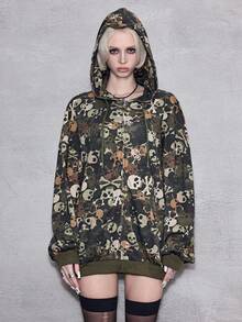 ROMWE Avant Áo nỉ rộng thùng thình in hình đầu lâu và họa tiết rằn ri theo phong cách Y2K Subculture Baddie. - xanh quân đội - Xem 4