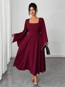 Elenzga Christmas Elegant Vintage French Style Square Collar Asymmetrical Flare Sleeve Pearl Color Block Dress, Fashionable For Autumn/Winter - Red - View 4