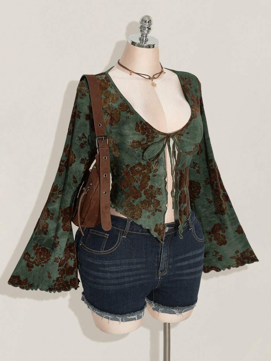 SHEIN ICON Women's Plus Size Sexy Autumn And Winter Millennial Style Y2K Bohemian Style Green Background Brown Flower Flocking Fabric Front Center Tie Trumpet Sleeves Pointed Hem Slim Fit Top