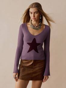 Florisole Women's Fashionable Pentagram Long Sleeve Fitted Sweater, Autumn/Winter - Purple - View 4