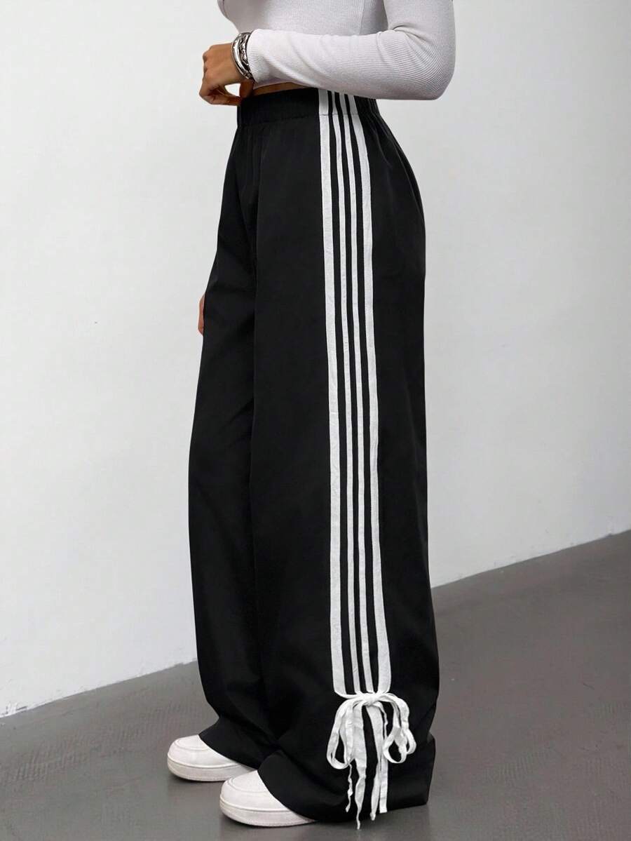 SHEIN Tall 女款黑色侧面撞色白色带子松紧腰裤 - 黑色 - 查看 1