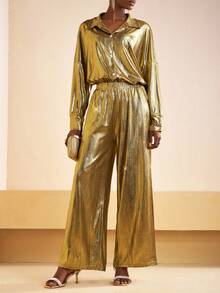 Zivah 2025 Thu Mới Về Halloween Sinh Nhật Tiệc Tiệc Phong Cách Đại Học Sinh Viên Hàng Ngày Thường Ngày Cơ Bản Đa Năng Du Lịch Du Lịch Nổi Tiếng Đi Làm Thanh Lịch Thường Ngày Công Sở Áo Sơ Mi Tay Dài Rộng Kết Hợp Với Quần Ống Rộng, Vải Bóng Phủ Sọc Dọc Vàng, Bộ 2 Món Cho Nữ, Bộ Đồ Dự Tiệc - Vàng - Xem 5