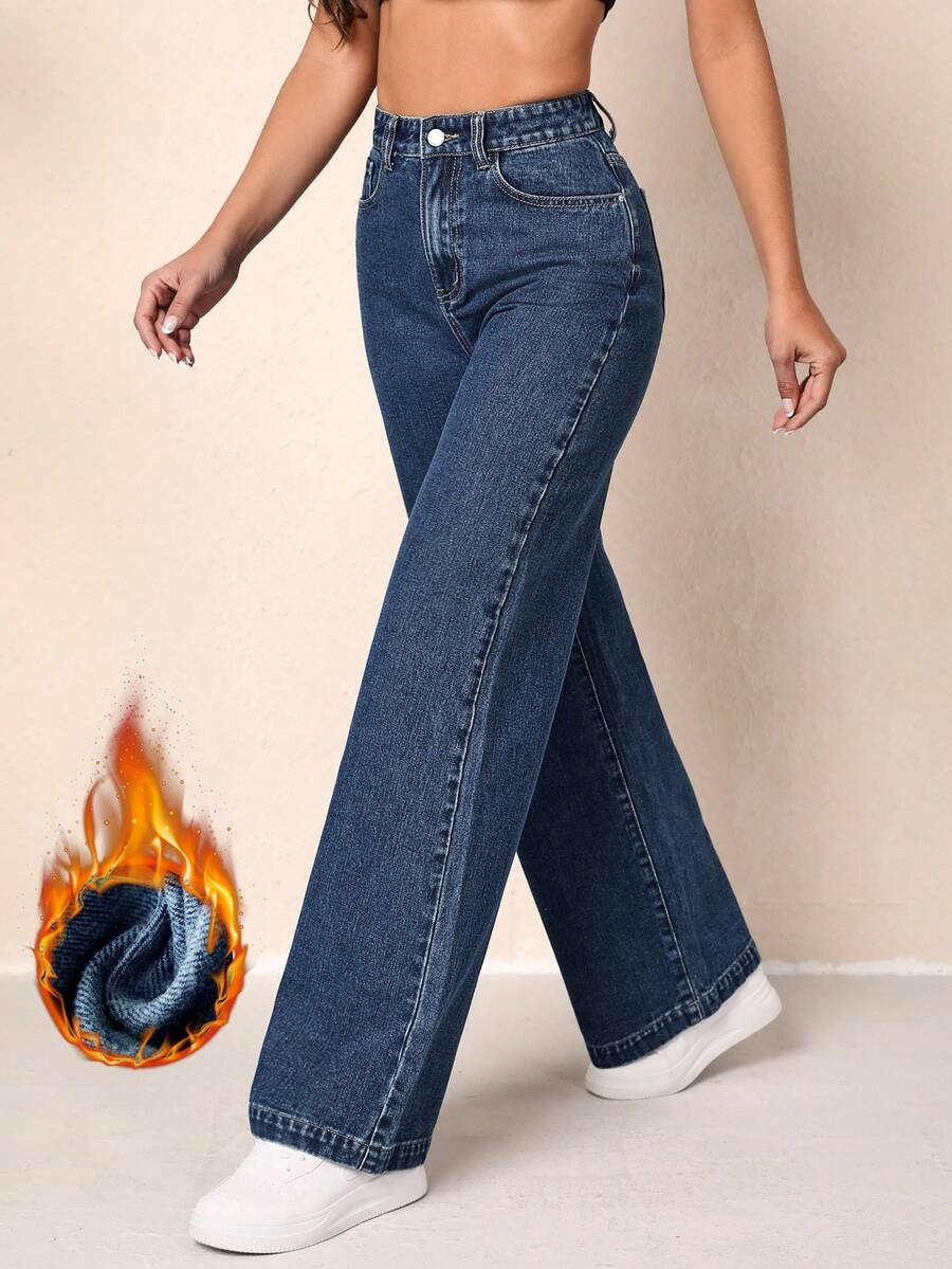 SHEIN Essnce 秋冬休闲水洗阔腿牛仔裤 - 藍色 - 查看 1