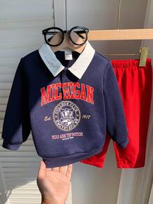 SHEIN Bộ 2 quần áo nỉ có mũ họa tiết chữ màu xanh navy dễ thương thời trang thu đông cho bé trai và quần cạp chun, thích hợp cho tiệc sinh nhật, tiệc rave, tiệc tối, biểu diễn, đám cưới, tháng đầu tiên, lễ rửa tội và lễ kỷ niệm sinh nhật đầu tiên, khách dự tiệc cưới, trang phục rửa tội cho tiệc chào đón em bé - Nhiều màu - Xem 7