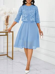 SHEIN Lady 2025 新款女士优雅蓝色纯色蕾丝无袖上衣和连衣裙两件套，夏季生日和活动礼服/办公室礼服/教堂礼服/婚礼礼服/节日礼服/，女士工作服优雅女装套装女式蓝色连衣裙套装优雅两件套连衣裙万圣节别致女式两件套秋季女士服装 - 藍色 - 查看 8