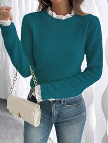 EMERY ROSE Fashionable & Sweet Lace Collar Soft Faux Fur Pullover Sweater, Versatile For Autumn/Winter - Teal Blue - View 3