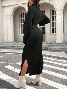 SHEIN Casual High Collar Dropped Shoulder High Slit Tie-Up Maternity Dress - Black - View 2