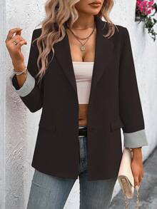 EMERY ROSE Áo khoác Blazer đi làm thường ngày cho nữ có ve cổ và tay áo sọc, mùa thu - màu nâu - Xem 3
