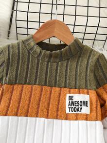 2 件套幼儿男童休闲基本款字母贴花撞色拼色羊毛圆领运动衫和运动裤，适合秋冬季户外穿着，百搭舒适 - 彩色 - 查看 4