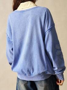Bohemela Women's Casual Solid Color Knit Crew Neck Loose Washed Sweatshirt - Blue - View 4