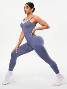 Seamluxe SHEIN Sport 女式纯色交叉后背无缝连体裤 - 灰色 - 查看 5