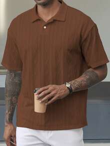 Manfinity Homme 男士休闲纯色纹理短袖 Polo 衫，夏季男士针织衫，棕色 T 恤，锈红色男士衬衫，咖啡色男士衬衫，男士棕色衬衫 - 咖啡棕 - 查看 4
