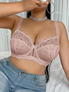 DesireSculpt 1pc Plus Size Women Lace Bow Decor Fashion Underwire Lingerie Bra, Lift - Apricot - View 3