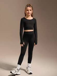 SHEIN Komplet sportowy dla dziewcząt w kolorze czarnym z długim rękawem, obcisły, bardzo elastyczny materiał z wycięciami na plecach w kratkę, odpowiedni do ćwiczeń, jazdy na rowerze, biegania i uprawiania sportu - Czarne - Zobacz 4