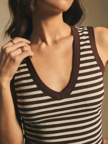 Poéselle Women's V-Neck Ribbed Slim Fit Casual Tank Top Women Tank Tops Striped Tank Brown Tank Top Striped Top Brown Tank Top Women Western Tank Tops Women - Brown - View 3