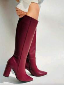 Botas altas de mujer estilo minimalista, punta fina, tacón grueso, para oficina y moda urbana - Burdeos - Ver 4