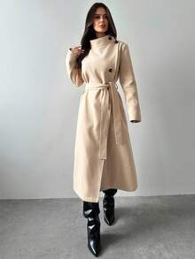 Firerie 女装优雅简约通勤休闲日常百搭立领纽扣系带中长款驼色双面呢羊毛大衣秋冬女装 - 駝色 - 查看 4