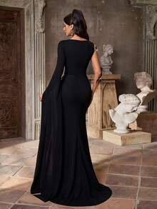 Aureia Elegant, Luxurious Embroidered Lace Puff Sleeve Handmade Applique Stretch Knit Champagne Sheer Mesh Fishtail Formal Dress, Suitable For All Formal Occasions, Dates, Singles Parties, Weddings, Red Carpet, Galas - Black - View 4