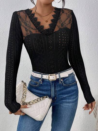 SHEIN Frenchy Women's Lace Patchwork Hollow Out Embroidered Textured Fabric T-Shirt