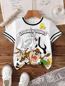 LOONEY TUNES X SHEIN 男童夏季休闲运动卡通字母图案条纹袖T恤 - 白色 - 查看 1