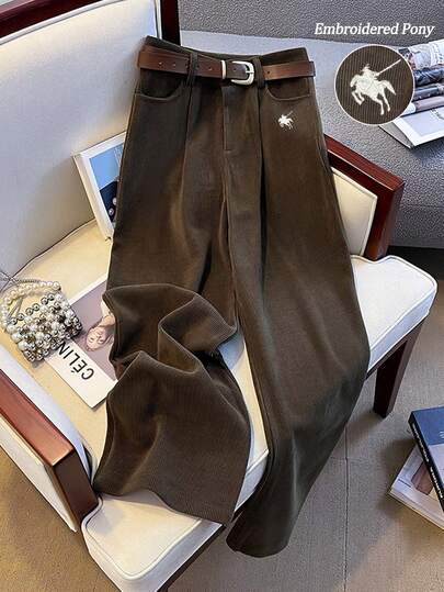 SHEIN Franclia 女式纯色休闲灯芯绒绣花裤