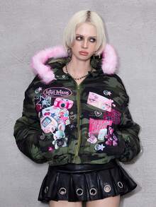 ROMWE Avant Áo khoác độn bông họa tiết thiên niên kỷ ngụy trang phong cách Y2K dễ thương phong cách Grunge dành cho nữ - xanh quân đội - Xem 7