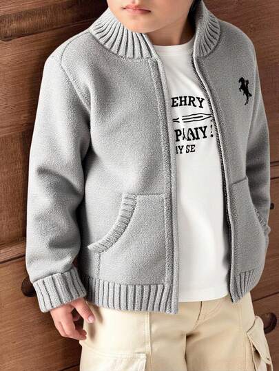 SHEIN Young Boy Thermal Lined Varsity Style Contrast Color Horse Embroidery Stand Collar Zip-Up Cardigan Sweater, Suitable For Home, Casual Outings, Comfortable And Versatile For Autumn/Winter Fall
