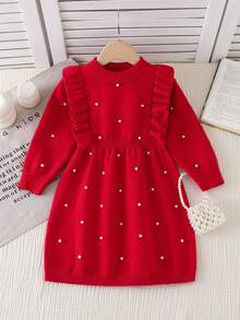 SHEIN Young Girl' Ruffled Beaded Collar Knit A-Line Long Sleeve Dress, Soft & Comfortable For Daily, Outdoor, Travel, Vacation, Home, Daycare Wear Winter Christmas Halloween Toddler Cardigan Sweater Autumn Fall Jumpers Sweaters Tops Dress Dresses Christmas Jumper Cozy Pixies Prepcrw Christmas Outfit Halloween New Born Toddler Fall Winter Dress Halloween Romper Stuff Halloween Jumper Jumper Cardigans Shirts White Cardigan Clean Downtown Off The Shoulder Sweater Outfit Sets Pink Sweater Jacket Cute Fall Outfits Outfits Top Maija Christmas Dress Toddler Fall Dark Purple Skirt Christmas Sweater Fall Sweaters Unisex White Sweater Vest Skirt Sets - Red - View 13