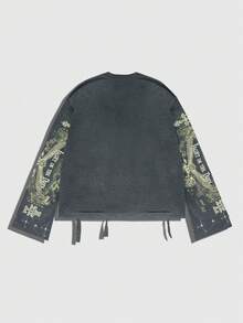 ROMWE MEN Street Life 复古街头风格破旧圣徒图案长袖圆领男式 T 恤 - 灰色 - 查看 2