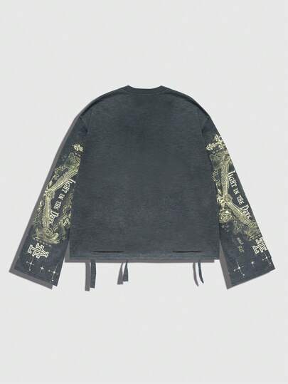 Street Life Vintage Street Style Distressed Saint Graphic Long Sleeve Crew Neck Men's T-Shirt